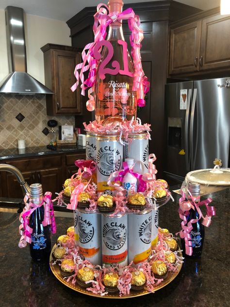 Plates from dollar tree! 21st Birthday Snacks, 21st Birthday Bottle Cake, 21st Birthday Alcohol Cake Tower, 21st Birthday Liquor Bouquet, 21st Birthday Cake Alcohol Mini Bottles, 21st Birthday Booze Basket, Easy Gift Baskets, Booze Gift, Beer Cakes