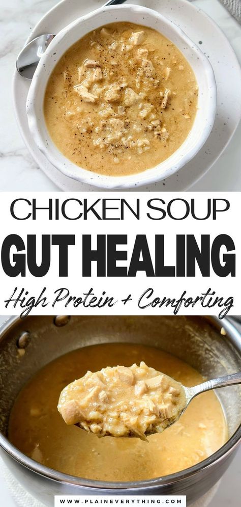 Easy High Protein Chicken Congee Soup Chicken Congee Recipe, Gut Healing Soup, Chicken Congee, Congee Recipe, High Protein Chicken, Healing Soup, Bariatric Friendly Recipes, Gut Healing Recipes, Soup Chicken