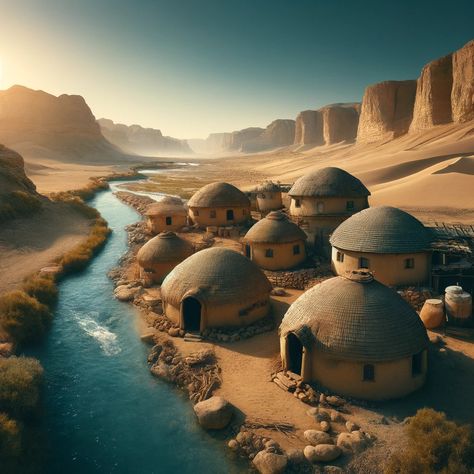 Discover the serene beauty of this desert village! A cluster of dome huts sits by a gently flowing river, providing a tranquil escape in the heart of the desert. Perfect for those seeking a blend of natural beauty and sustainable living. #DesertOasis #RusticLiving #NatureRetreat #worldbuilding Fantasy Desert Village, Desert Castle, Fantasy Desert, Desert Village, Spirit Island, Sand House, Fantasy Scenery, Mud Hut, Flowing River