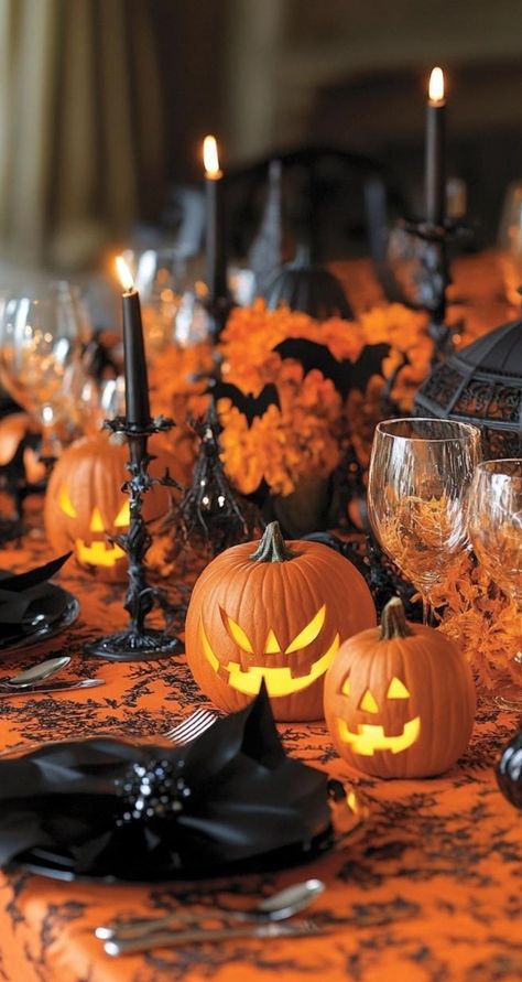 Craft a hauntingly beautiful table this Halloween! Use a smoky gray tablecloth as your base. Create a ghostly centerpiece with white pumpkins, pale flowers, and wispy feathers. Add mercury glass candle holders with flickering LED tea lights. Place crystal balls and tarot cards as mystical accents. Use silver charger plates and cutlery for an ethereal shine. These eerily elegant Halloween table decorations will transport your guests to a supernatural soiree! Halloween Table Ideas, Gray Tablecloth, Pale Flowers, Plates And Cutlery, Silver Charger Plates, Grey Tablecloths, Mercury Glass Candle Holders, Halloween Table Decorations, Elegant Halloween