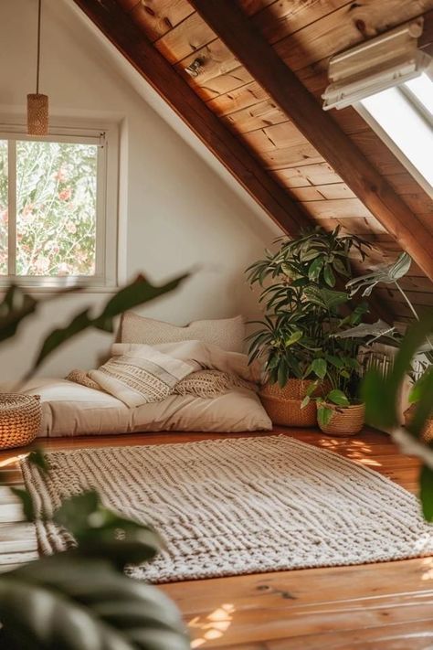 Attic Chill Room Ideas, Attic Decor Ideas, Yoga Attic Space, Attic Art Studio Space, Attic Meditation Room, Boho Attic Space, Biophilic Design Home, Meditation Living Room, Small House With Attic