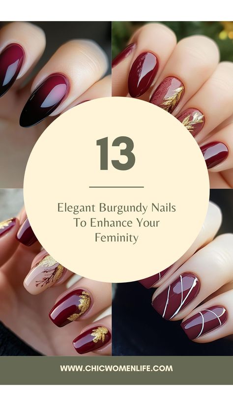 13 Elegant Burgundy Nails To Enhance Your Feminity Burgundy Ombre Nail Designs, Burgundy Nails Short Art Designs, Burgundy Nails With Gold Design, Burgundy And Champagne Nails, Elegant Burgundy Nails, Burgundy Red Nails Design, Burgundy Nails Designs Nailart, Burgundy Nail Designs Short, Maroon Ombre Nails Burgundy