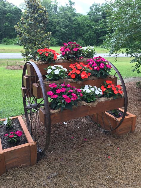 Love my wagon wheel planter built by my husband with idea from Pinterest. Wagon Wheel Garden, Outdoor Planter Ideas, Wagon Wheel Decor, Vintage Pots, Modern Arrangements, Garden Wagon, Wheel Decor, Front Yard Garden Design, Garden Decor Projects