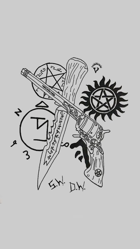 Drawing Ideas Supernatural, Supernatural Shirt Ideas, Supernatural Drawings Sketches, Supernatural Doodles, Supernatural Black And White, Supernatural Inspired Tattoos, Supernatural Sketches, Supernatural Tattoo Ideas, Supernatural Design