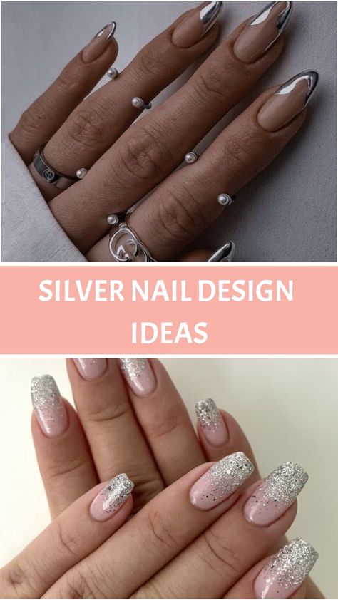 Silver Nail Design Ideas French Nails With Silver Tips, Silver Wedding Nails For Bride, Silver Nails Ideas Glitter, Nails With Silver Lines, Nails With Silver Design, Nail Ideas Silver, Stiletto Shaped Nails, Silver Nail Polish, Moon Manicure