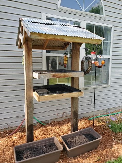 Covered Bird Feeding Station Ideas Diy, Bird Feeder Shelter, Platform Bird Feeder Diy How To Build, Bird Feeder Platform, Bird Platform Feeder Diy, Diy Platform Bird Feeder With Roof, Cool Outdoor Ideas, Diy Large Bird Feeder, Diy Bird Feeder Station