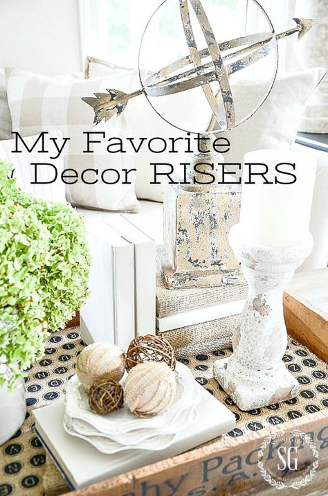 MY FAVORITE DECOR RISERS- Here are some creative and inventive ways to add a little height to your decor! What a difference these ideas will make! #decorrisers, #homedecor, #dishes, #decoratingwithbooks, #homedecorideas, #homedecordiy, #homedecorsimple, #homedecorating Earthy Home Decor, Earthy Home, Country Decorating, Trendy Home Decor, Shabby Chic Vintage, Decor Guide, Country Farmhouse Decor, Affordable Home Decor, Décor Diy