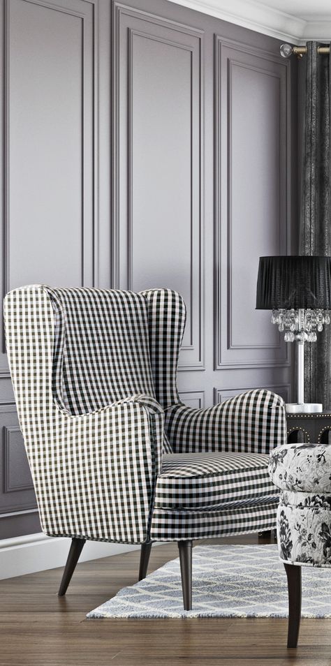 Armchair upholstered in black, white and grey chequered fabric Black And White Armchair, Black And White Chairs Living Room, Black And White Chairs, White Eames Chair, Round Wicker Chair, Accent Chairs Bedroom, Hunt House, Printed Accent Chairs, Striped Armchair