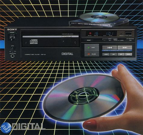 The Sony CDP-101 was the world's first commercially released Compact Disc player. The system was launched in Japan on October 1, 1982 at a list price of 168,000 yen (approx $ 730) Light Grid, Retro Future, Vaporwave Art, 80s Design, Music Drawings, New Retro Wave, Iowa City, Retro Waves, Airbrush Art