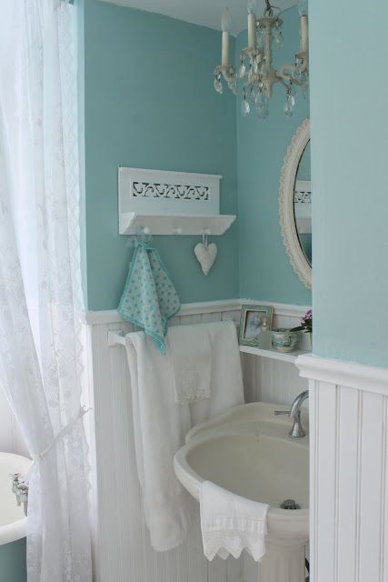 10 Ways To Customize Builder-grade Bathrooms | Pinvestigation: the ... Shabby Chic Decorating, Styl Shabby Chic, Chic Bathroom, House Of Turquoise, Shabby Chic Bathroom, Shabby Chic Bedrooms, Chic Bathrooms, Beach Bathrooms, Prince Edward