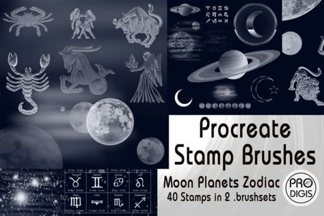 Procreate Brushes Stamps Zodiac Moon Graphic by ProDigis · Creative Fabrica Zodiac Moon, Illustrator Brushes, Moon Graphic, New Year Deals, Digital Planner Stickers, Procreate App, Procreate Brushes, Planner Paper, Templates Free