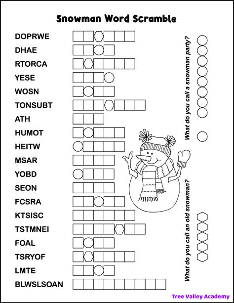 Free printable snowman word scramble with 19 jumbled words ranging from 3 to 9 letters long. There are designated squares, hexagons, and circles to write the letters of the unscrambled words. When the puzzle is complete, the letters in hexagons and circles will spell the punchline to 2 different snowman jokes: "What do you call an old snowman?" and "What do you call a snowman party?" Winter Crossword Puzzle Free Printable, Free Printable Puzzles For Adults, Winter Word Search Free Printable, Winter Puzzles Free Printable, Printable Puzzles For Adults, Winter Worksheets For Kids, Activities Nursing Home, Word Scramble For Kids, Snowman Jokes