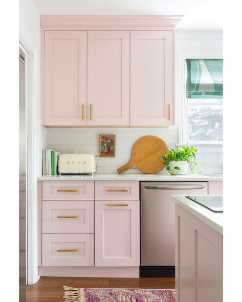 Pink Kitchen Inspiration, Starter Home Ideas, 1950s Cottage, Pink Kitchen Cabinets, Repainting Kitchen Cabinets, Pink Kitchen Ideas, Pink Kitchens, Pink Cabinets, Cabinet Color Ideas