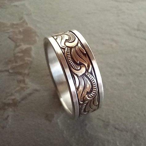 Western Rings Men, Cowboy Wedding Rings Men, Men’s Vintage Rings, Country Wedding Rings For Him, Country Wedding Rings Men, Western Mens Wedding Band, Men’s Western Wedding Ring, Mens Western Wedding Rings, Tooled Wedding Ring