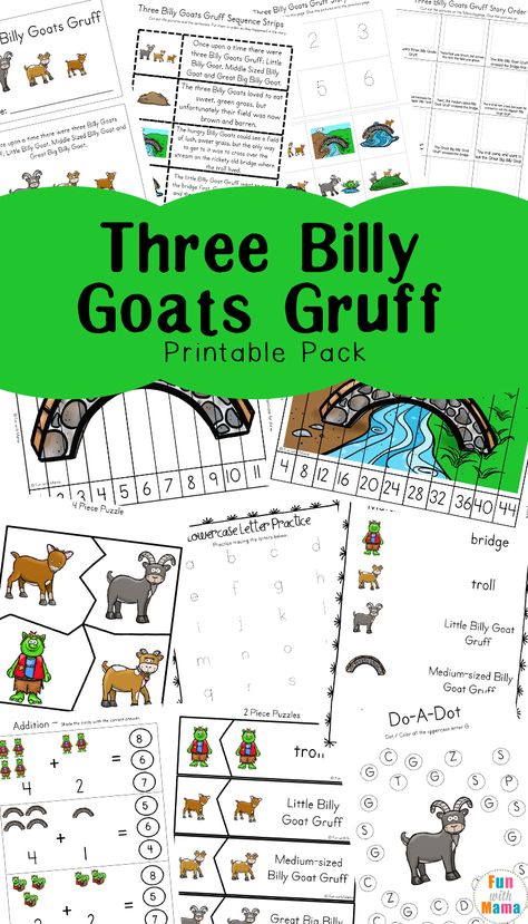 Free Educational PrintableThree Billy Goats Gruff Lesson for Preschool or younger kids. Helps with fine motor, shapes, words, matching, and more learning skills. #homeschool #preschool #resource #free #printables #lessonplans #threebillygoatsgruff #bookcrafts Three Billy Goats Gruff Activities, Billy Goats Gruff Activities, Fairy Tales Preschool Activities, Centers Preschool, The Three Billy Goats Gruff, Character Trait Worksheets, Fairy Tales Preschool, Rickety Bridge, Fairytale Theme