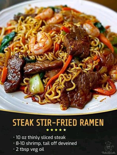 Steak Ramen, Fried Ramen, Recipes Steak, Steak Stir Fry, Ramen Stir Fry, Homemade Chinese Food, Ramen Recipe, Steak And Shrimp, Chinese Cooking Recipes