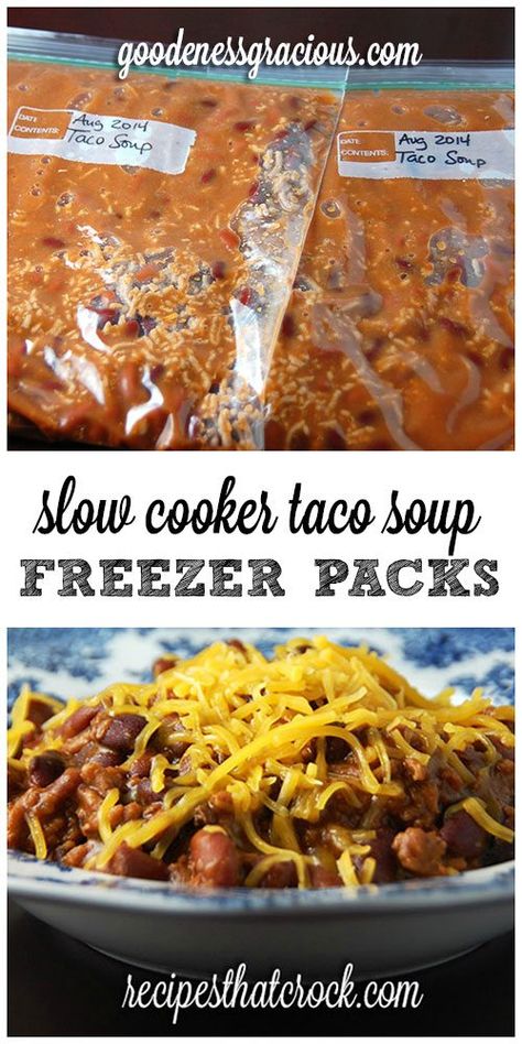 Crock Pot Freezer Packs: Taco Soup #crockpot Taco Soup Slow Cooker, Portable Meals, Freezer Soups, Freezer Breakfast Meals, Soup Crockpot, Easy Taco Soup, Freezer Dinners, Taco Soup Crock Pot, Freezer Packs