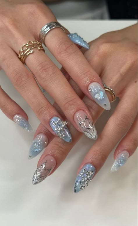 Rhinestone Nails Blue, Dust Blue Nails, Winter Vibe Nails, Pearly Blue Nails, Wave To Earth Nails, Smokey Blue Nails, Dusty Blue Nails With Design, Blue Fairy Nails, Dusty Blue Nails Acrylic