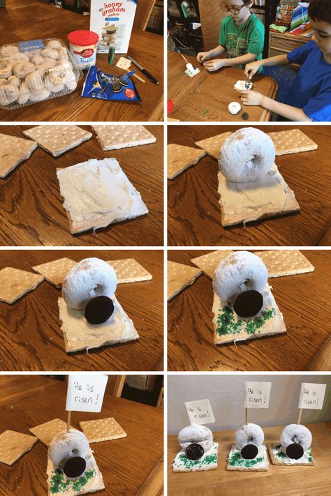 Easter Activities For Kids Jesus, Easter Empty Tomb Cookies, Ressurection Eggs Preschool, Empty Tomb Planter, Empty Tomb Donut Snack, Resurrection Food Ideas, Donut Tomb Easter, Last Supper Food Ideas, He Is Risen Food Ideas