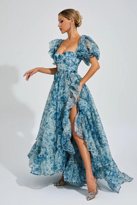 Greece Inspired Dress, Cute Prom Dresses With Sleeves, Blue Floral Formal Dress Long, Met Gala Wedding Guest, Long Dresses Women, Wedding Guest Dress Sleeve, Garden Wedding Dresses Guest, Teal Summer Dress, Mamma Mia Inspired Prom Dress