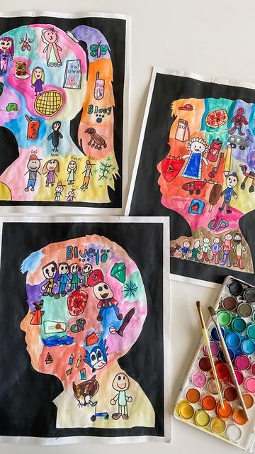 First Day Of Preschool Art Projects, Self Portraits For Kids Kindergarten, School Self Portrait Ideas, Art Sketches On Wall, Ks2 Portrait Ideas, First Day Art Activities, Homeschool School Portraits, Year 3 Art Projects, All About Me Silhouette Art