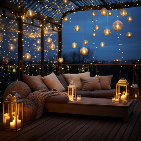 Fairy Lights Terrace, Christmas Rooftop Decorations, Outdoor Balcony Lighting Ideas, Rooftop Decoration Ideas, Terrace Lighting Ideas, Color Palette Moody, Fairy Light Ideas, Fairy Lights Decoration, Garden Fairy Lights