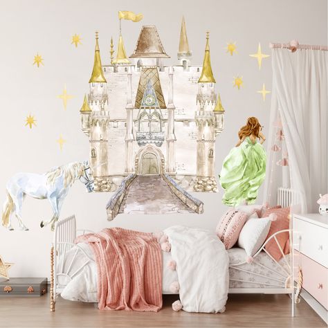 Fulfill your fairy tale dreams with our Princess Castle and her white horse wall sticker! 🏰👑✨ Transform your space into your very own princess realm. Explore our Etsy shop and let the magic of royalty and adventure grace your walls today! Dreamy Room Decor, Castle Wall Decal, Running Princess, Room Decor For Girls, Unicorn Wall Decal, Unicorn Wall, Fabric Wall Decals, Castle Wall, Sparkling Stars