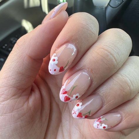 Cherry French Tip, Heart Cherries, Tulip Nails, Acrylic Nails Almond Shape, Neon Yellow Nails, Vday Nails, Floral Nail Designs, Cherry Nails, Trendy Nail Art Designs