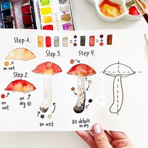 Anna Koliadych | ©DearAnnArt on Instagram: “Hey I’ve created a new tutorial for you 🍂🍁🍄hope it will be helpful😉 .  I have been busy a few last days with my online course and didn’t…” Step By Step Watercolor, Mushroom Drawing, Posca Marker, Watercolor Paintings For Beginners, Diy Watercolor Painting, Watercolour Inspiration, Watercolor Paintings Easy, Watercolor Painting Techniques, Diy Watercolor