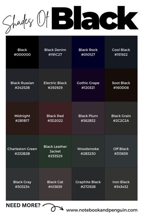 20 Bold and dramatic shades of black for your next design. Need more black colors and hex codes? Visit our website for over 50 more colors to choose from! Type Of Black Color, Dark House Color Schemes, Dark Academia Hex Codes, Goth Color Palette Hex Code, Dark Hex Codes, Canva Color Palette Codes Dark, Dark Academia Color Palette Hex Codes, Dark Color Palette Hex Codes, Discord Color Codes