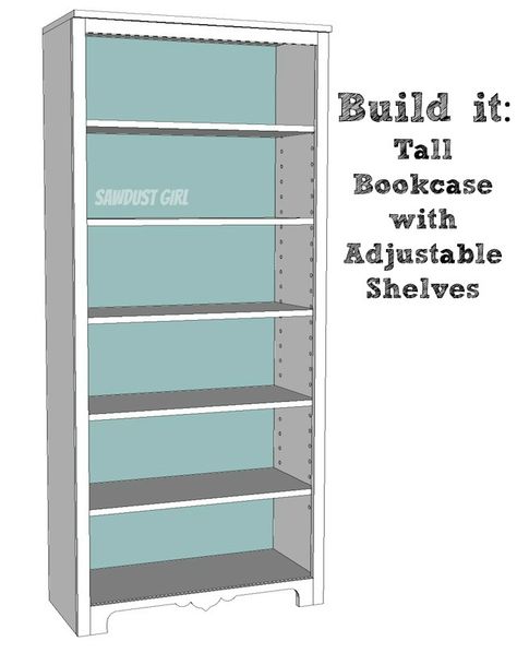 Tall Bookcase with Adjustable Shelves Bookshelf Woodworking Plans, Bookcase Plans, Tall Bookshelf, Sawdust Girl, Tall Bookshelves, Bookshelf Plans, Bookcase Diy, Tall Bookcase, Simple Woodworking Plans