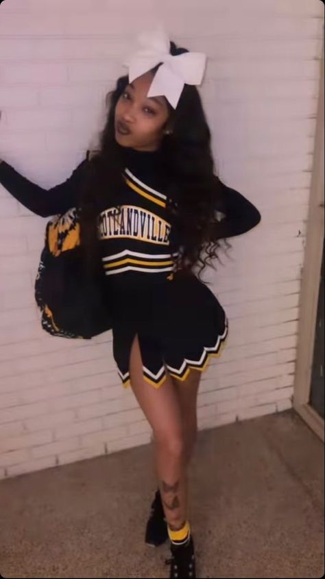 Cheerleading Outfits Black, Ayeitsmaya Outfits, Cheer Hairstyles Black, Cheer Warm Ups Outfits, Black Cheer Uniforms, Cute Cheerleader Outfits, Cheer Uniform High School, Cheer Uniform Ideas, Manifestation Pictures