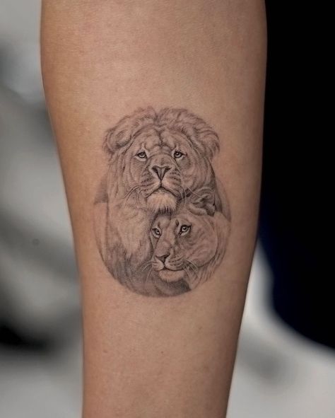 Tattoo Lion And Lioness, Lions Couple Tattoo, Lion Couple Tattoo, Couples Lion Tattoo, Micro Realism Tattoo, African Queen Tattoo, Lion And Lioness Tattoo, Micro Realism, Partner Tattoos