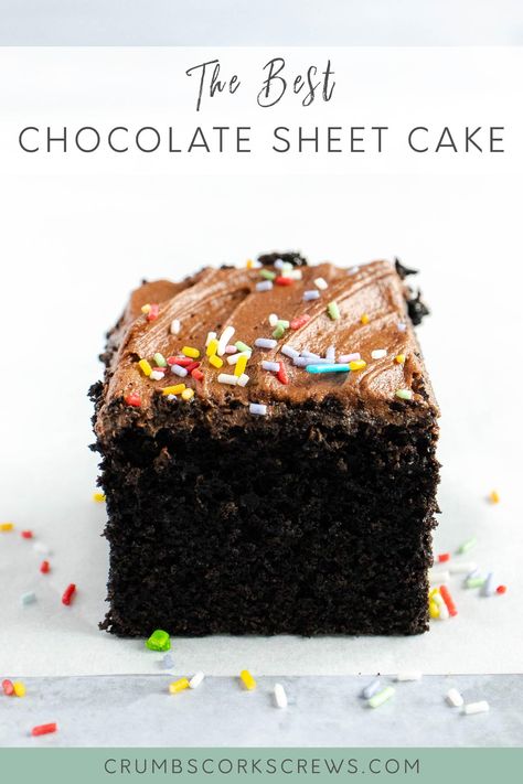 Calling all the chocolate lovers! This chocolate tray bake cake is super moist, crazy delicious and so easy to make with everyday store cupboard ingredients. It makes the best chocolate cake for birthdays, BBQs or any occasion, and is covered in a super creamy and smooth three-ingredient buttercream frosting #chocolatecake #sheetcake #sheetcakerecipes #traybake #easybaking #chocolate #crumbscorkscrews Dairy Free Chocolate Frosting, Chocolate Traybake, Chocolate Tray, The Best Chocolate Cake, Store Cupboard, Chocolate Sheet Cake, Tray Bake, Bake Cake, Sheet Cake Recipes