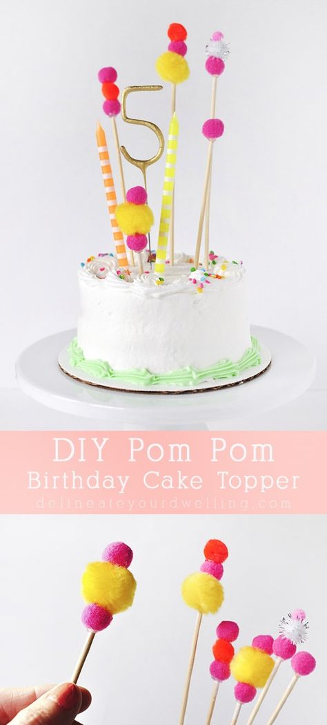 Pom Pom Cake Topper, Easy Cake Toppers Diy, Diy Cake Banner, Homemade Cake Topper, Pom Pom Birthday, Pom Pom Cake, Diy Cake Toppers, Cake Toppers Diy, Cake Topper Diy