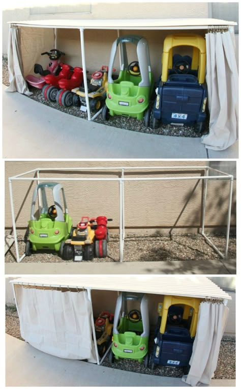 Needs to be a little taller for big kid bikes DIY Covered Kiddie Car Parking Garage ~ Outdoor Toy Organization Outdoor Toy Organization, Garage Daycare, Outdoor Toy Storage, Toy Storage Ideas, Garage Outdoor, Diy Toy Storage, Pvc Pipe Projects, Biking Diy, Daycare Ideas