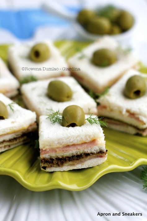 Apron and Sneakers - Cooking & Traveling in Italy and Beyond: Mini Ham Sandwiches With Olive, Fig and Almond Tapenade Party Nibbles, Traveling In Italy, Tea Sandwich, Tea Party Sandwiches, Sandwiches Recipes, Tea Sandwiches Recipes, Tiny Foods, Afternoon Tea Recipes, Tea Food