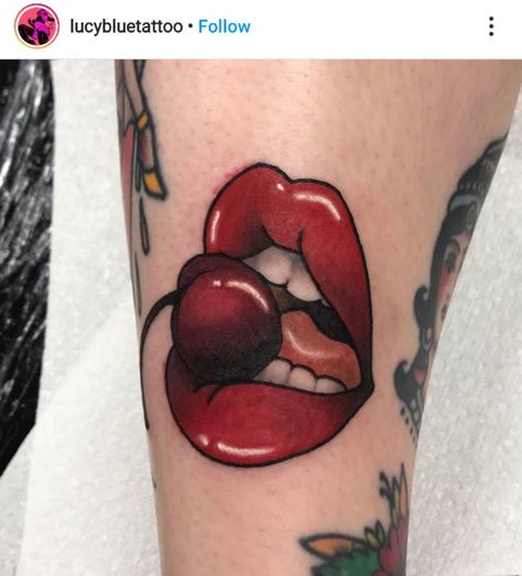 Cherry Tattoo Ideas, Tatto Lips, Red Lips Tattoo, Lip Print Tattoos, Trucker Tattoo, Mouth Tattoo, Cherry Tattoo, Heart Temporary Tattoos, Floral Thigh Tattoos