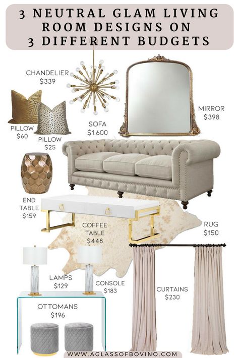 Neutral Glam Living Room Designs on  Different Budgets Neutral Glam Living Room, Glamour Living Room, Neutral Glam, Glam Living Room Decor, Glam Living, Glam Living Room, Design Salon, Neutral Living Room, Living Room On A Budget