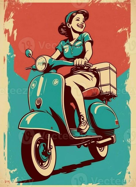 Vintage retro poster, woman on a moped. Advertising poster 50s, 60s, coffee sale. Grunge poster. AI Generated 60s Advertisements, 50s Advertisements, 60s Advertising, Vintage Ads 1950s, Coffee Sale, Grunge Posters, Ad Ideas, Retro Illustrations, 60s Design