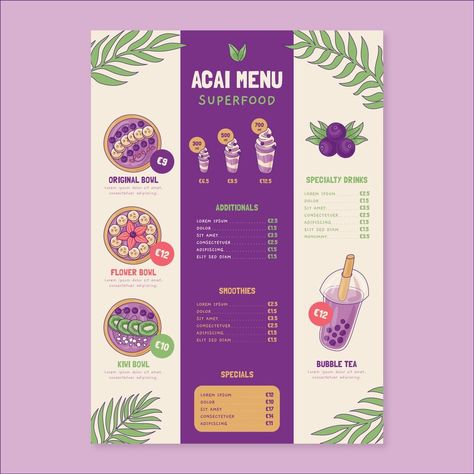 Smoothie Bowl Menu Design, Acai Cafe Design, Acai Bar Design, Acai Menu Design, Acai Bowl Menu Design, Acai Business, Logo Acai, Smoothie Menu Design, Acai Bar