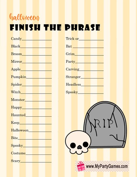 Finish The Phrase Game, Halloween Scattergories, Finish My Phrase, Halloween Bites, Finish The Picture, Halloween Riddles, Nanny Ideas, Haunted Trail, Gift Games