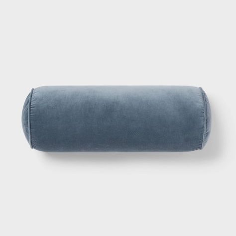 8"x22" Luxe Round Velvet Bolster Decorative Pillow Slate Blue - Threshold™: Indoor Cotton Woven, Spot Clean Round Decorative Pillows, Beautiful Bedroom Colors, Blue Pillows Decorative, Bedroom Decorating Ideas, Bedroom Decorating, Cylinder Shape, Weave Style, Bolster Pillow, Blue Bedding