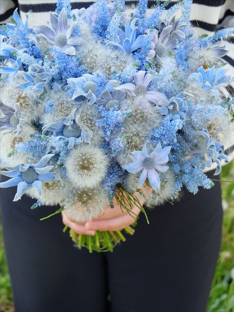 Dandelion with dyed blue astilbe and flannel flower Dandelion Flower Bouquet, Flannel Flower Bouquet, Dandelions Bouquet, Dandelion Bouquet, Astilbe Bouquet, Dandelion Wedding, Diy Bouquet Wrap, Flannel Flower, Blue Wedding Bouquet