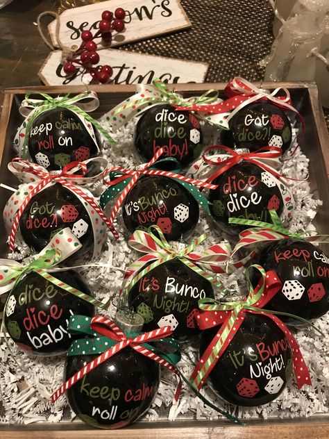 Bunco Christmas Ornaments Diy, Christmas Gifts For Bunco Ladies, Bunko Gift Ideas, Bunco Ornament Ideas, Bunco Gifts Christmas, Bunco Christmas Ornaments, Bunco Christmas Party Ideas, Bunco Ornaments Diy, Christmas Bunco Party Ideas