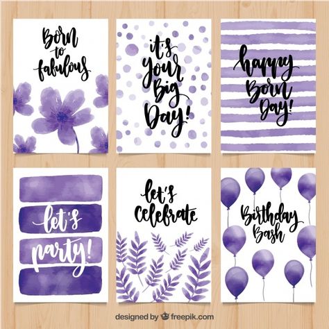 Purple Greeting Cards, Birthday Card With Watercolor, Birthday Card Design Ideas, Calligraphy Birthday Card, Purple Birthday Card, Birthday Canvas, Birthday Painting, Creative Birthday Cards, Watercolor Birthday Cards