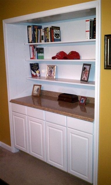 Converted Closet Ideas, Convert Closet To Library, Closet Conversion Ideas Built Ins, Closet Converted To Bookshelf, Closet To Bar Conversion, Closet To Desk Conversion, Closet Repurpose Ideas, Closet To Bookshelf Conversion, Turning Closet Into Entertainment Center