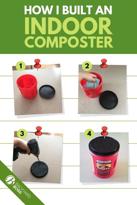 If you want to build an indoor composter than look no further. Anyone with a kitchen and a bit of DIY spirit can build an indoor composter. It can be created from a bin or any container you have laying around the house. This project is perfect for beginners and has tips on food, farming, and why it’s done without worms. #indoor #composter #diy #backyardboss Home Made Compost Bin How To Make, Small Compost Bin Diy Apartments, Diy Indoor Compost Bin, Compost Bucket For Kitchen, Diy Kitchen Compost Bin Counter Tops, Apartment Composting Diy, Compost Bin For Kitchen, Composting For Beginners Apartment, Diy In Ground Worm Compost Bin