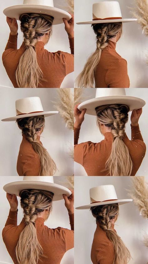 Messy Pony Hairstyles, Cowboy Hat Hair Styles, Cowgirl Hat Hairstyles, Cowboy Hat Hairstyles, Riding Hairstyles, Cowgirl Hairstyles, Cowboy Hat Hair, Cowgirls Hairstyles, Western Hairstyles