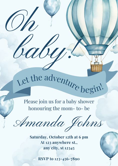 Introducing our Boy Adventure Baby Shower Invitation Bundle! Dive into a world of wonder with Our charming blue hot air balloon baby shower theme, perfect for your little adventurer's arrival. This travel-inspired bundle includes everything you need to set the tone for your celebration, from the captivating adventure baby shower invitation to the diaper raffle card, thank you card, and books for baby card. #babyshower #adventurebabyshower #boybabyshower #babyshowerinvite #babyshowerinvitation Air Balloon Baby Shower Theme, Watercolor Hot Air Balloon, Hot Air Balloon Invitation, Blue Hot Air Balloon, Balloon Invitation, Adventure Baby Shower, Adventure Baby, Boy Baby Shower Themes